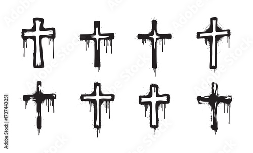 Graffiti Cross Icon Set Dripping Paint Christian Cross Symbols in Urban Street Art Style Vector