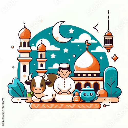 Cartoon image of a boy cow and mosque under a crescent moon and stars