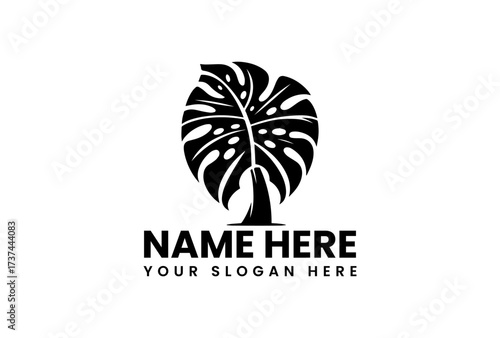 Stylized Monstera Leaf Tree Silhouette with Bold Text Branding Element.
