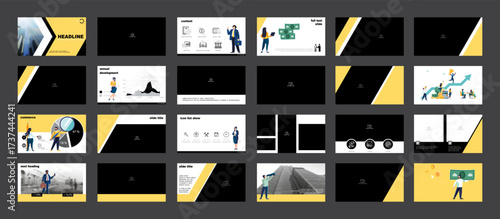 Presentation, set. A team of people creates a business, teamwork. Business, launching a new financial project. PowerPoint, infographic template, design yellow, black elements. Vector illustration
