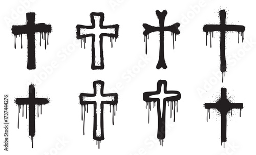 Graffiti Cross Icon Set Dripping Paint Christian Cross Symbols in Urban Street Art Style Vector