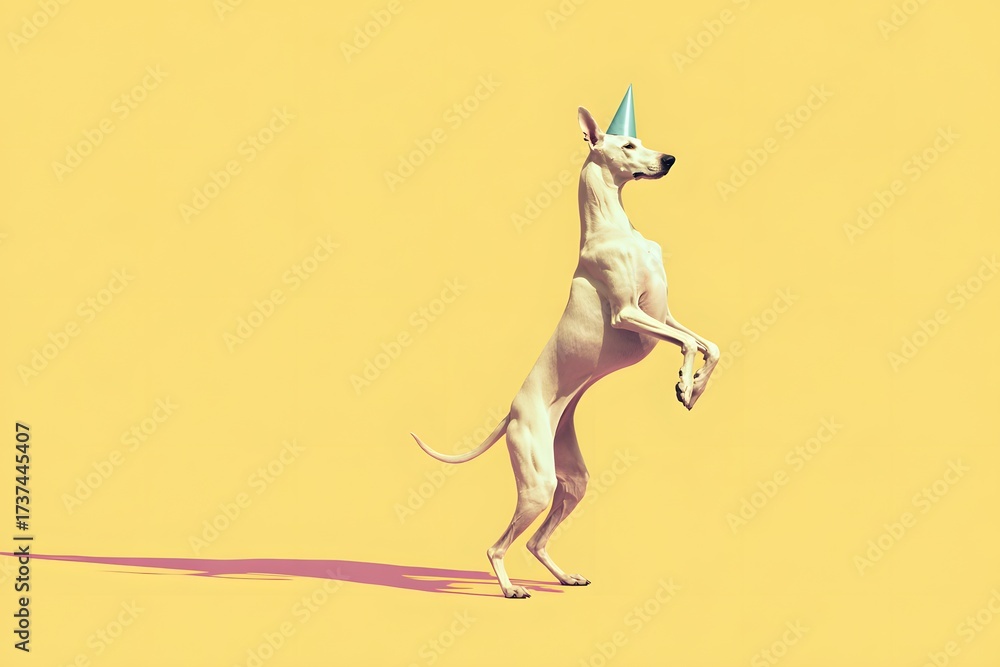 Obraz premium Dog Wearing Party Hat Standing on Two Legs on Bright Yellow Background