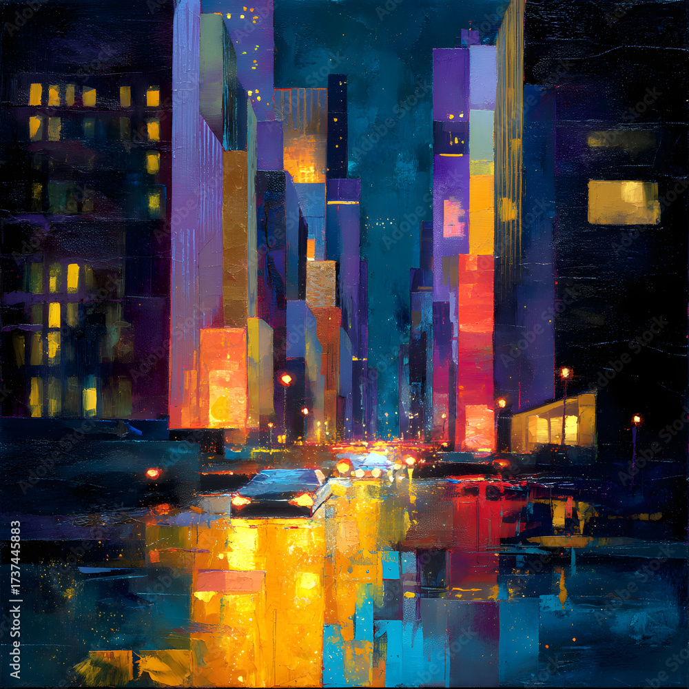 Obraz premium Abstract Night Cityscape Painting with Reflections, Modern Urban Art with Buildings, Streetlights, and Cars in Bold Colors, Contemporary Impressionism
