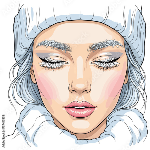 Woman with frosty makeup and closed eyes in winter fashion illustration