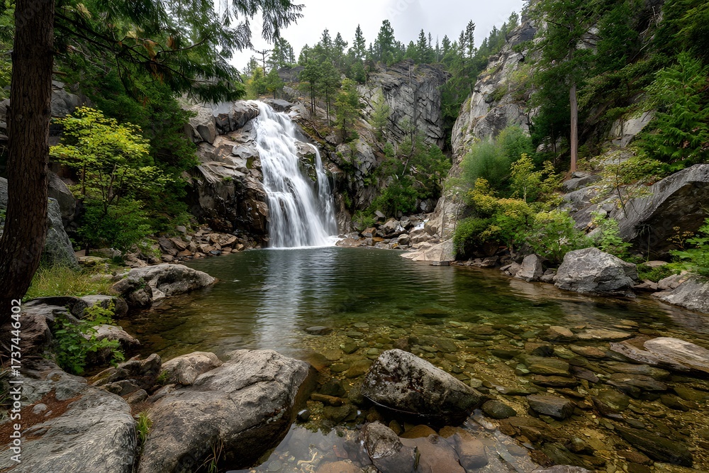 Fototapeta premium Waterfall wide view with full cascade forest rocks great for web banner layouts