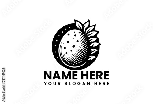 Vintage Style Logo of a Celestial Fruit with Leaves.