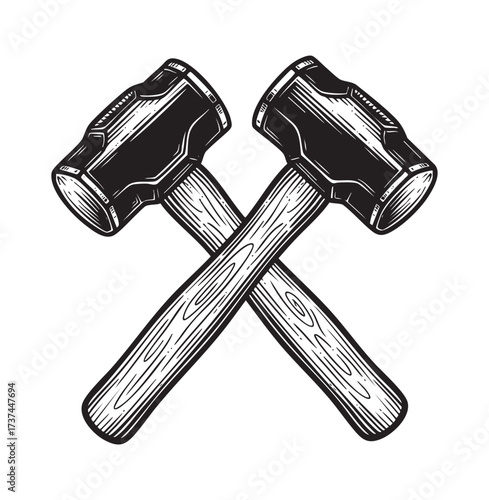 Crossed Sledgehammers Vintage Engraving Blacksmith or Constructor Tool Emblem in Woodcut Style Illustration