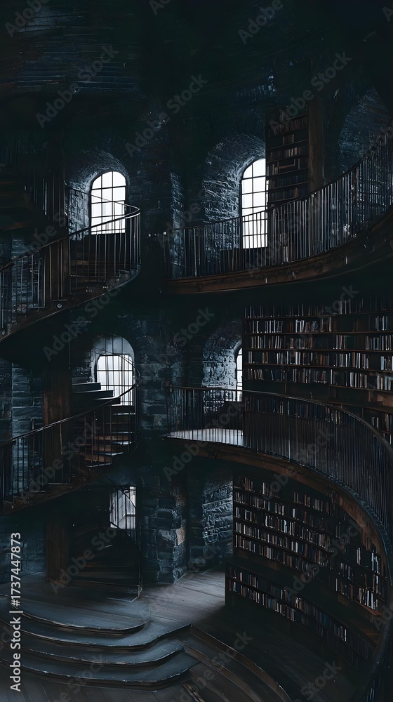 Fototapeta premium a historic library with spiral staircases and towering bookshelves