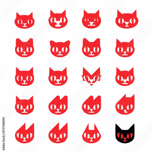 Red Cat Heads An Array of Feline Faces in Minimalist Design with One Contrasting Black Cat