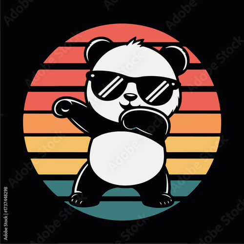 A cartoon panda wearing sunglasses, dabbing in front of a sunset background.
