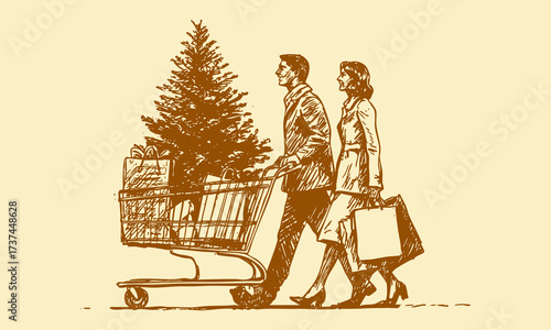 Vintage sketch of couple pushing shopping cart with Christmas tree and gifts in line art sketching style.