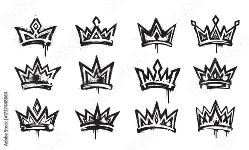 Urban Graffiti Crown Vector Set Hand Drawn King and Queen Symbols with Dripping Paint and Spray Paint Splatter Effect