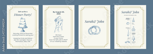 Toile de Jouy inspired wedding wedding invitation. Wedding hand dawn ceremony card. Elegant line art minimalist venue sketch. Elements for wedding, monogram, invitation, greeting, birthday card.