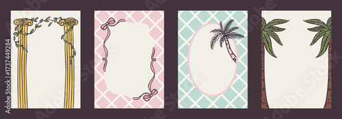 Set of summer exotic vacation whimsical hand-drawn frames with palm and sea, bow aesthetic in trendy, vintage styles. Perfect for quirky holiday, wedding, birthday gift decorations