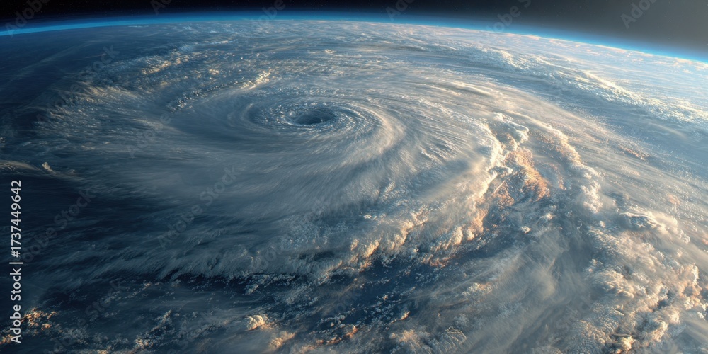 Fototapeta premium Satellite view of a massive swirling hurricane vortex with detailed cloud formations above the Earth's atmosphere