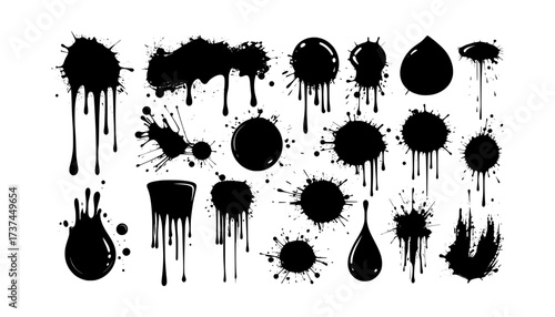 Black ink splatter vector shapes collection, featuring various drip, splash, and stain elements for grunge, art, and creative design projects.