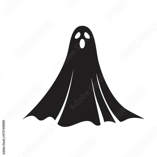 Black ghost icon with flowing fabric and holes for eyes and mouth