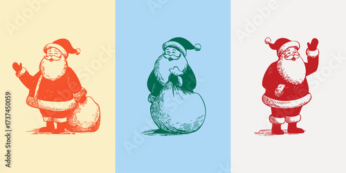 Crayon pencil draw of Santa Claus in three colored sketches, each holding or waving with a gift sack in line art style.