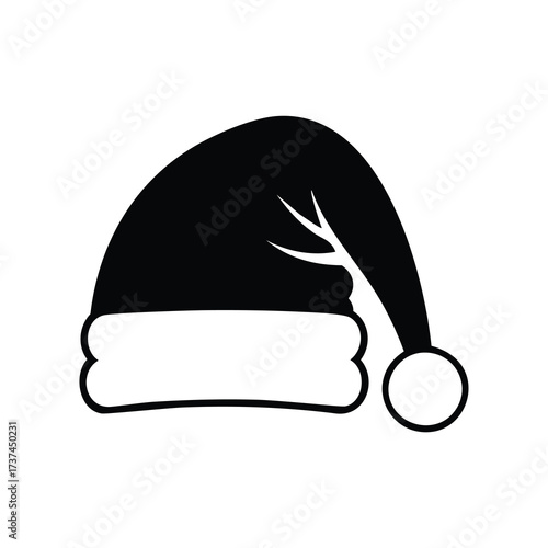 Black Santa hat icon with fluffy white trim and pompom on white background
