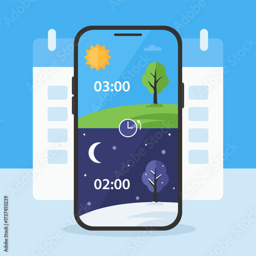 Vector illustration of a smartphone screen showing the transition between summer time and winter time with day and night scenes, symbolizing daylight saving time change from 03:00 to 02:00. Fall back.