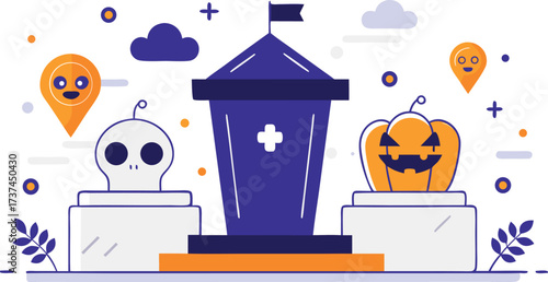 Empty coffin-shaped display stand or podium, suitable for Halloween, spooky presentations, or dark themes.