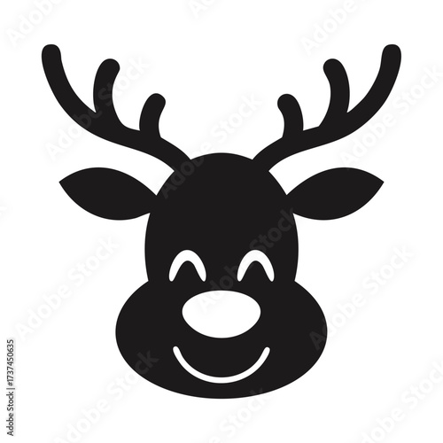 Black silhouette of a happy reindeer face with antlers