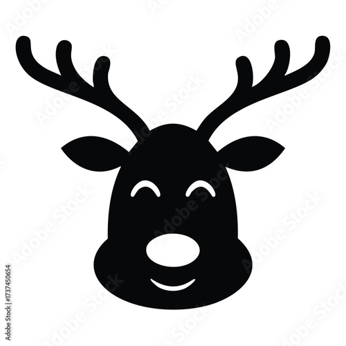 Black silhouette of a happy reindeer face with antlers
