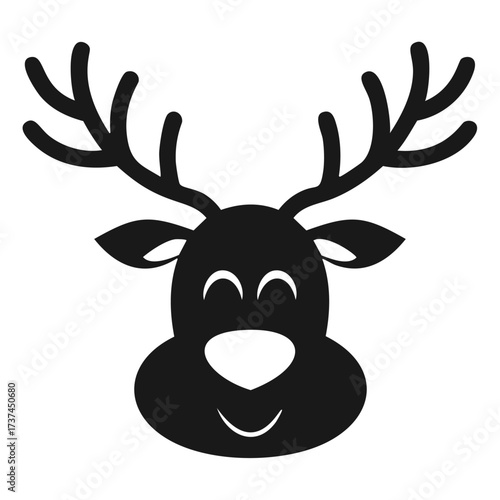Black silhouette of a happy reindeer face with antlers
