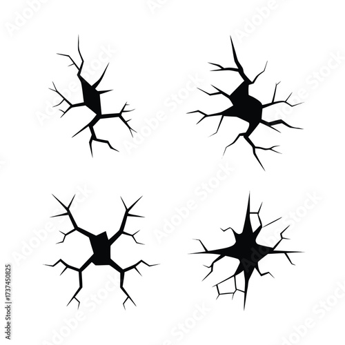 Four Black Cracked Shapes Isolated on White Background break broken