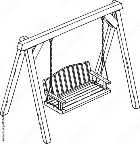 Black and white porch swing illustration with wooden frame chains and slatted seat in outdoor vector style