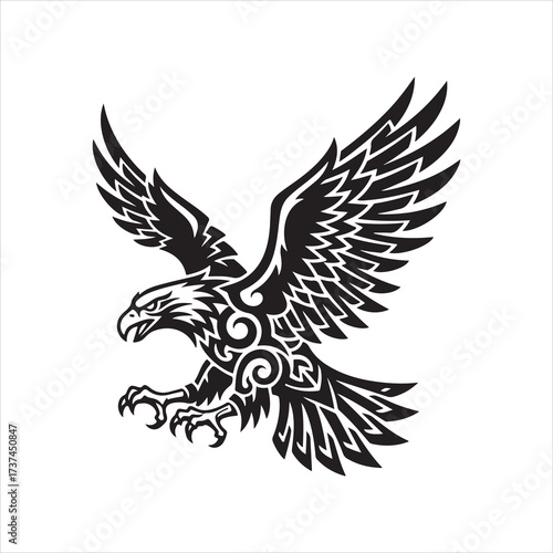 Flying eagle in attack pose with spread wings, fierce bird of prey tattoo vector line art emblem design.