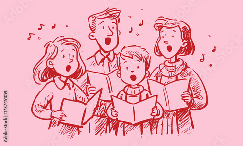 Hand drawn retro illustration of family group singing Christmas carols with sheet music in sketching line art style.