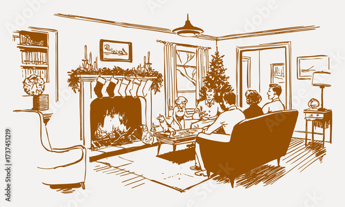 Retro sketch of family sitting in a decorated living room with fireplace, stockings, and Christmas tree.