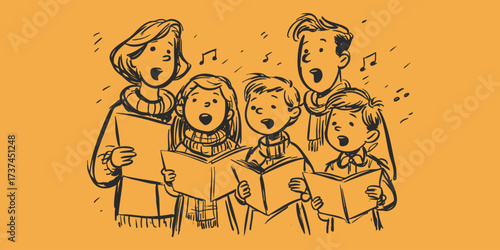 Sketchy pencil draw illustration of group singing Christmas carols with sheet music.