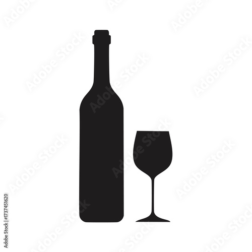 Black silhouette of wine bottle and wine glass drink