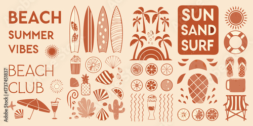 Retro summer beach vibes collection with surfboards palm trees and tropical elements