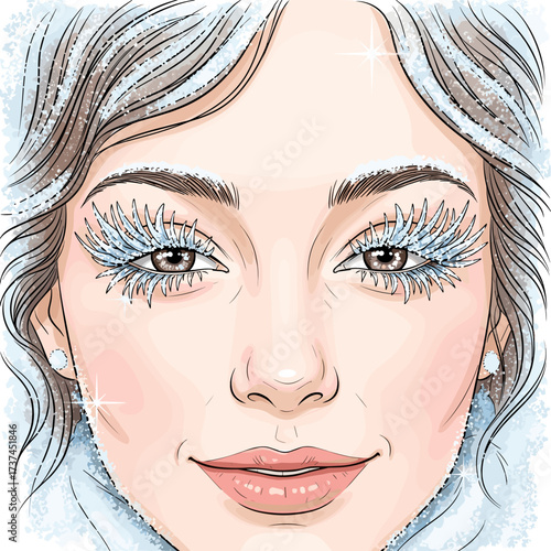 Winter beauty portrait of woman with frosty eyelashes illustration