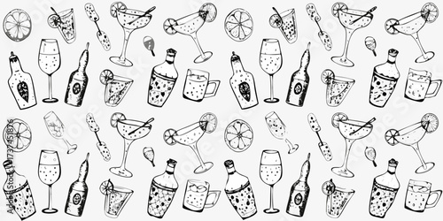 Hand drawn sketch of various alcoholic drinks and citrus fruits on a white background