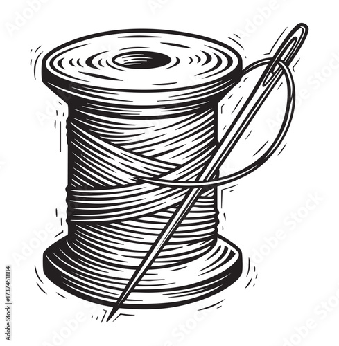 Vintage Sewing Engraving Hand Drawn Wood Spool of Thread with Needle and Textile Craft Tools Illustration