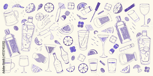 Collection of hand drawn cocktail ingredients and bar tools in purple and white tones