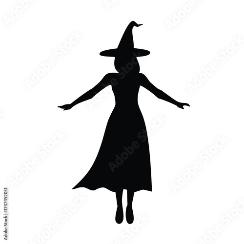 Silhouette of a witch with arms outstretched on white background Keywords: witch, silhouette