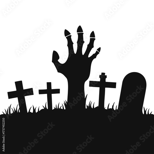 Zombie hand and gravestones in a graveyard Keywords: zombie, hand, graveyard, cemetery