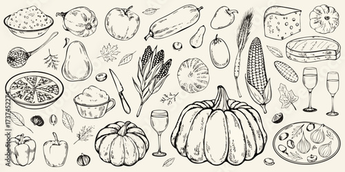 Hand drawn sketch of autumn harvest foods and drinks celebrating thanksgiving and fall season