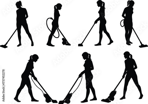 Woman vacuum cleaning house with modern vacuum cleaner, silhouette illustration, home cleaning service, domestic work, household chore, professional maid service