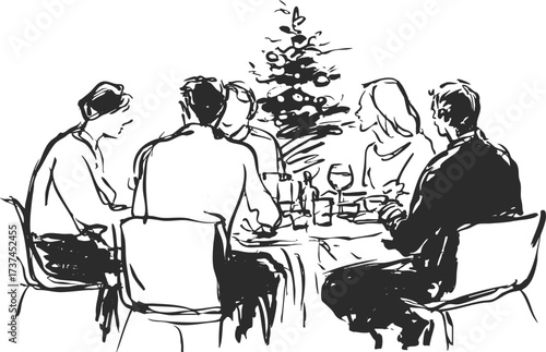 Pencil draw sketch of family seated around Christmas dinner table with decorated tree. Line art doodle style.