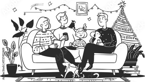 Playful cartoon family with sweaters, children, dog sitting on sofa beside Christmas tree. Vector black and white line pencil style.