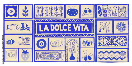 La dolce vita collage of italian lifestyle icons and symbols in blue and beige