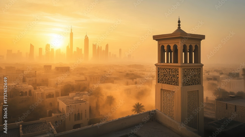 Fototapeta premium Old Wind Tower Overlooking Modern City at Sunrise