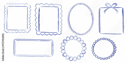 Collection of hand drawn blue watercolor frames and borders in various shapes and styles