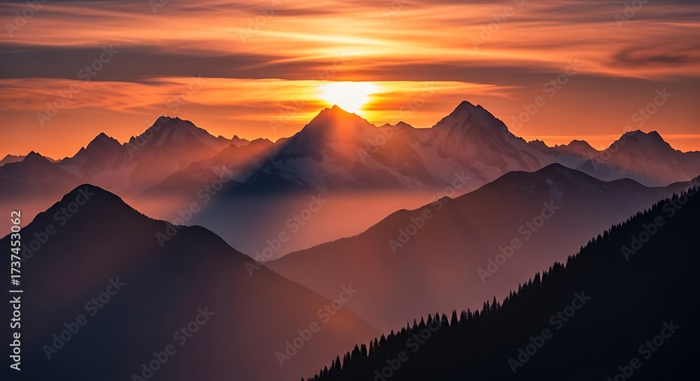 Obraz premium Majestic Mountain Range Bathed in Golden Sunrise Light.